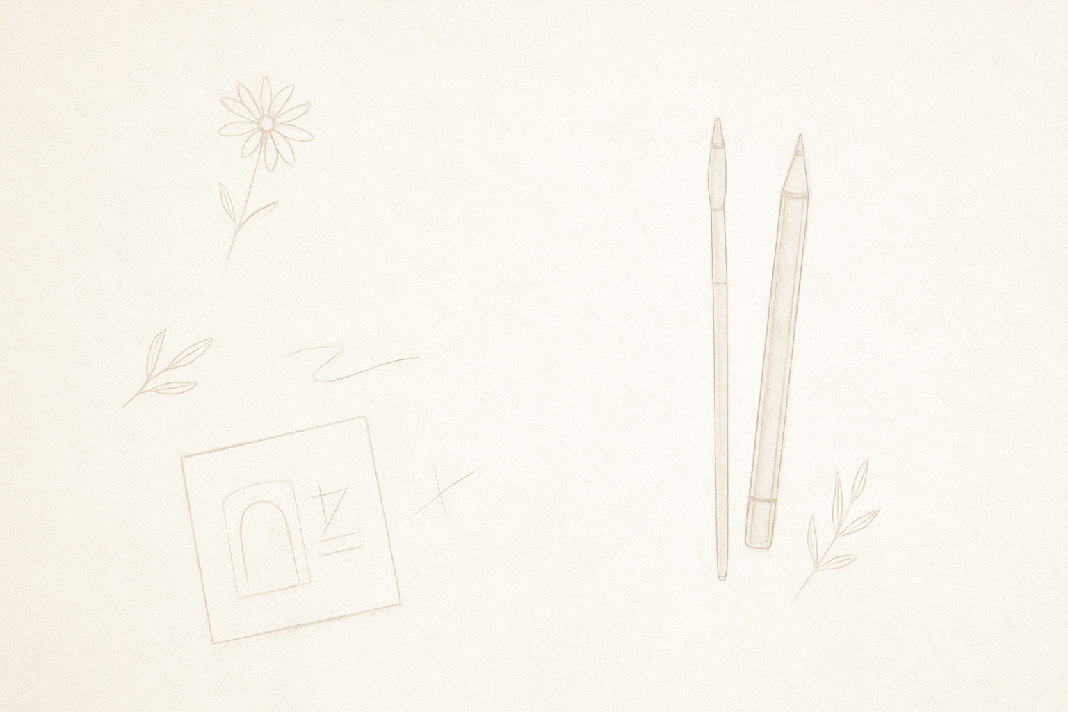 a minimalist, soft and airy digital illustration for a creative brand  showing subtle paper textures, light sketch lines, and delicate artistic elements like scattered pencil drawings or design sketches on a bright neutral background — evokes creativity, calmness, and meaning — natural daylight, warm white tones, aesthetic composition, space boho-inspired yet elegant, clean design, no clutter, editorial photography style, 16:9 ratio